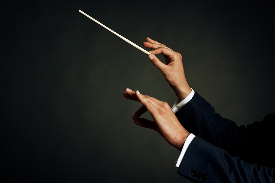 Conductor hands flawlessly leading an orchestra with various instruments